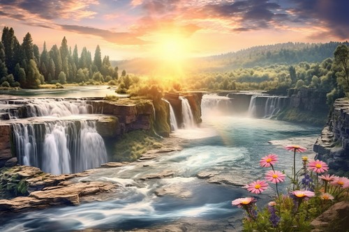 Sunset waterfall canvas - sunset,