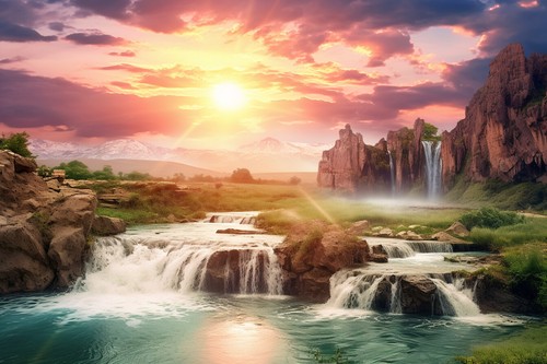 Sunset waterfall landscape - sunset,