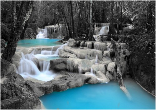 Blue waterfall forest trees - blue,